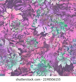 Seamless Vintage Pattern,  Flowers. Plant In Watercolor. Mimosa, Acacia, Plants On A Branch. Blossoming Acacia Or Caragana Tree. Fashionable Background. Abstract Splash Of Paint. Pansies, Viola, Field