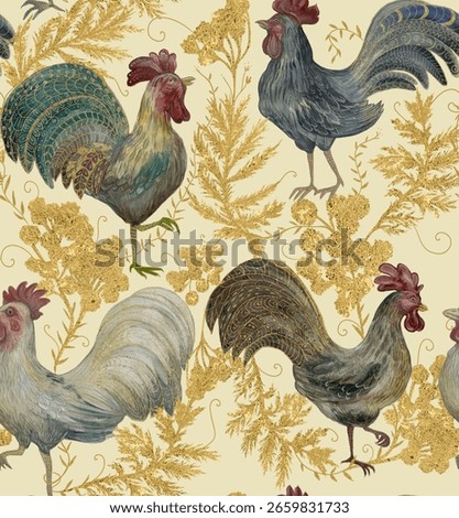 Seamless vintage pattern with hand-painted roosters and golden botanical elements on a beige background. Perfect for fabric, wallpaper, packaging, and rustic-themed digital projects.