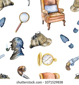 Seamless Vintage Pattern With Hat, Smoking Pipe, Pistol, Footprint, Chair, Magnifier, Pocket Watch And Silhouette Of Sherlock Holmes On White Background. Watercolor Hand Drawn Illustration