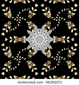 Seamless vintage pattern on black background with golden elements and with white doodles. Christmas, snowflake, new year.
