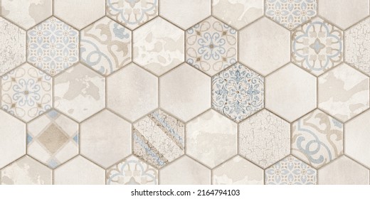 Seamless Vintage Pattern With Scuff Effect. Patchwork Tiles. Hand-drawn Seamless Abstract Tile Pattern. Tile Azulejos Patchwork. Portuguese And Spanish Décor. Hexagon Pattern