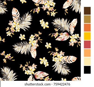 Seamless vintage tropical flower pattern with palm leaves, yellow theme