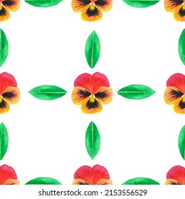 Seamless violet pattern. Orange pansies. Watercolor illustration. Isolated on a white background. For your design fabrics, packaging of cosmetic products, spring decoration, accessories, etc.