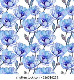 seamless wallpaper blue flowers watercolor painting stock vector
