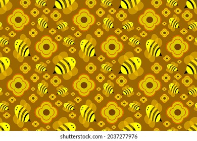 Seamless wallpaper with cute cartoon style, yellow bee flying among yellow flowers on a brown background, for cute fashion fabrics and printed products such as gift wrapping paper.