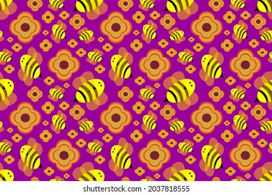 Seamless wallpaper with cute cartoon style, yellow bee flying among yellow flowers on a purple background, for cute fashion fabrics and printed products such as gift wrapping paper.