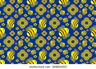Seamless wallpaper with cute cartoon style, yellow bees flying among yellow flowers on a blue background, for cute fashion fabrics and printed products such as gift wrapping paper.