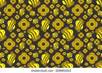 Seamless wallpaper with cute cartoon style, yellow bee flying among yellow flowers on a dark gray background, for cute fashion fabrics and printed products such as gift wrapping paper.