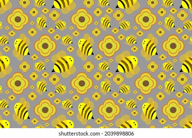 Seamless wallpaper with cute cartoon style, yellow bees flying among yellow flowers on gray background, for cute fashion fabrics and printed products such as gift wrapping paper.