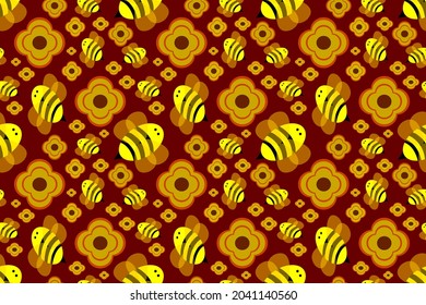 Seamless wallpaper with cute cartoon style, yellow bees flying among yellow flowers on a dark red background, for cute fashion fabrics and printed products such as gift wrapping paper.