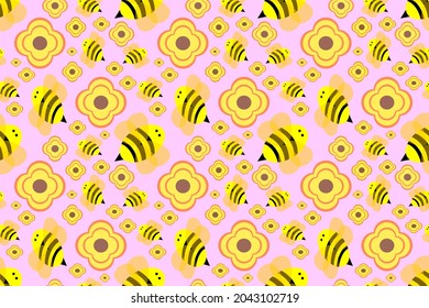 Seamless wallpaper with cute cartoon style, yellow bees flying among yellow flowers on a pink background, for cute fashion fabrics and printed products such as gift wrapping paper.