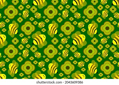 Seamless wallpaper with cute cartoon style, yellow bees flying among yellow flowers on a green background, for cute fashion fabrics and printed products such as gift wrapping paper.