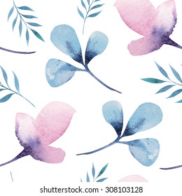  Seamless wallpaper with  flowers and leaves, watercolor illustration. Design for invitation, wedding or greeting cards