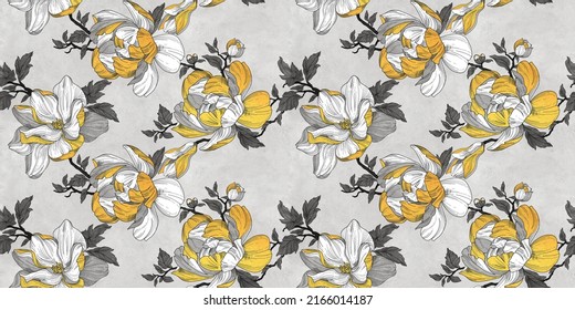 Seamless wallpaper pattern. Gold and silver flowers, leaves and branches. Textile composition, hand drawn style print.