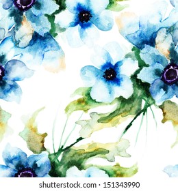 Seamless wallpaper with Summer blue flowers, watercolor illustration 