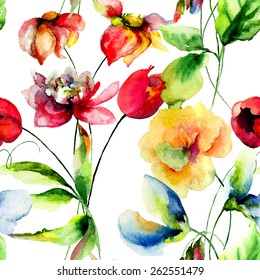 Seamless wallpapers and romantic flowers  watercolor illustration