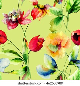 Seamless wallpapers and romantic flowers  watercolor illustration