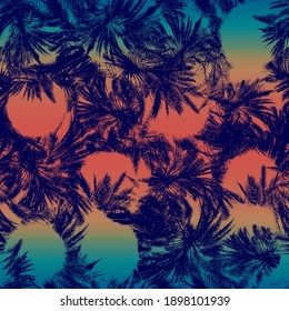 Seamless Warm Sunset Tropical Pattern Navy Blue Foliage On Sunset Gradient. High Quality Illustration. Swim, Sports, Or Resort Wear Repeat Print. Ombre Fade Background. Seamless Repeat Pattern Swatch.