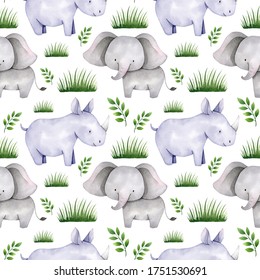 Seamless watercolor animal pattern with cute baby elephant, baby rhino and African plants. Hand-drawn illustrated safari digital paper for nursery, clothing, fabric and other purposes.