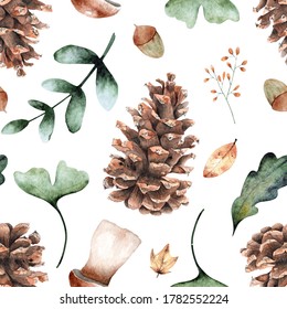 Seamless Watercolor Autumn Pattern With Pine Cones And Leaves