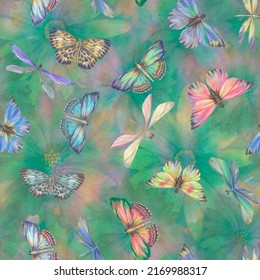 Seamless watercolor background. Butterflies and dragonflies on a background of flowers. Colorful botanical background for design, textiles, wallpapers.