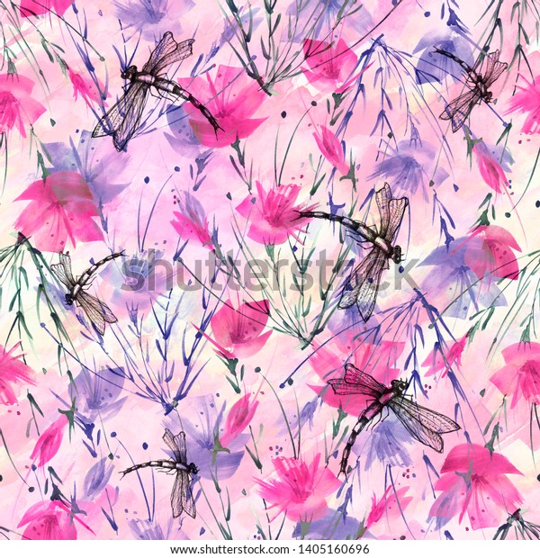 シームレスな水の色の背景にともない 花 ペイントスプラッシュ トンボ 花の枝 ピンクのポピー 牡丹 シート 花柄の絵の入った水のカラーカード 花の香り トレンディビンテージ背景 のイラスト素材