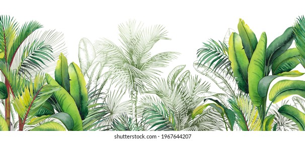 Seamless watercolor border with green tropical foliage.