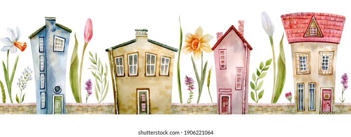 Seamless watercolor border pattern with fabulous cute houses and flowers of tulips, daffodils, lavender and eucalyptus leaves. Hand-drawn spring and summer seamless illustration