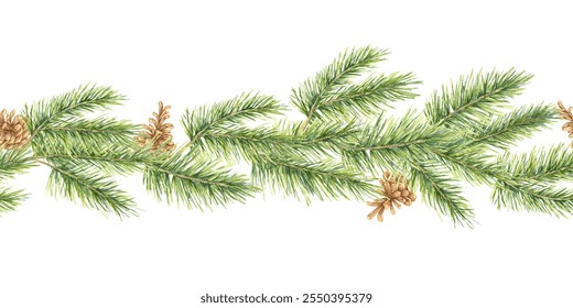 A seamless watercolor border of pine branches with realistic brown pine cones. Evergreen festive plant. This clipart is perfect for holiday decor, packaging, or gift tags, giving a rustic, earthy look - Powered by Shutterstock