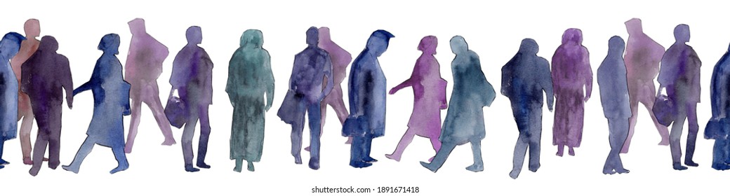 Seamless Watercolor Border Of Silhouettes Of People On A White Background.