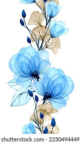 Seamless watercolor border and transparent rose flowers   gingko leaves  gentle pattern and blue flowers  x  ray