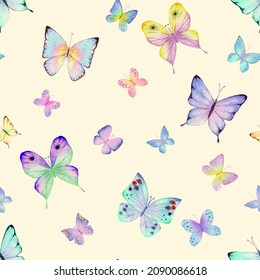 Seamless Watercolor Botanical Summer Pattern With Colorful Butterflies On Beige Background. Watercolour Hand Drawn Butterfly Endless Texture. Print For Fabric Design, Wallpaper, Wrapping Paper