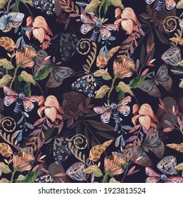 Seamless watercolor bright floral pattern on a dark background. Amazing flowers and butterflies with moths. Texture for wrapping paper, fabric, printing