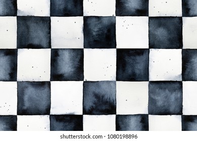 Seamless watercolor chessboard pattern. Contrast and bright mosaic decoration for design, art, prints, wallpaper, backdrops. Hand drawn watercolour black and white artistic graphic painting.