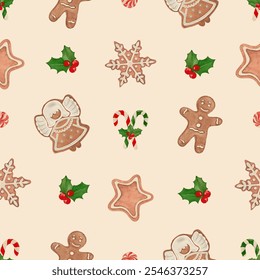 A seamless watercolor Christmas pattern featuring gingerbread cookies, holly leaves, candy canes, and festive sweets on a beige background. Perfect for holiday wrapping paper, textiles, seasonal decor - Powered by Shutterstock