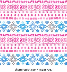 Seamless Watercolor Ethnic Tribal Boho Pattern. Hand-painted winter texture for Fabric, Wrapping Paper, Greeting, scrapbooking and invitation cards