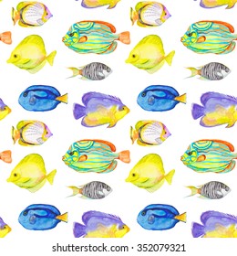 Seamless Watercolor Fish Pattern. Endless Texture. Hand Draw. Shoal Fishes. Yellow Tang Fish, Butterfly Fish, Purple Mask Angel Fish, Zebra Angel Fish, Blue Stripe Angel Fish, Blue Tang Angel Fish.