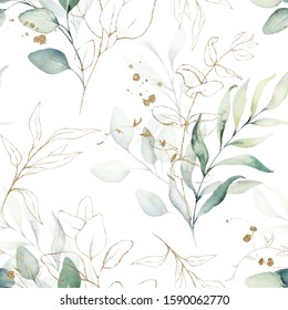 Seamless watercolor floral pattern - green & gold leaves, branches composition on white background, perfect for wrappers, wallpapers, postcards, greeting cards, wedding invitations, romantic events.