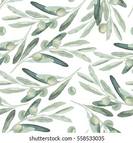 Seamless watercolor floral pattern with olives and leaves