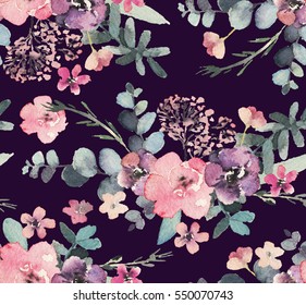 Seamless Watercolor Floral Pattern On Dark Background