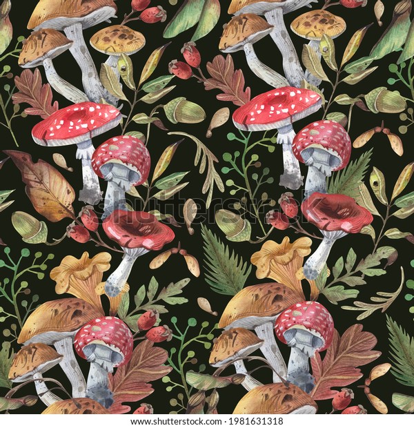 Seamless watercolor floral pattern on a dark background. Mushrooms and plant elements, leaves, twigs. The basis for the decoration of fabrics, printing products