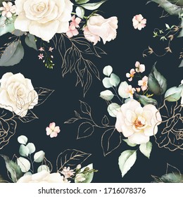 Seamless watercolor floral pattern - pink flowers, gold elements, green leaves & branches on dark background; for wrappers, wallpapers, postcards, greeting cards, wedding invites, romantic events.