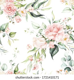 Seamless watercolor floral pattern - pink flowers, green leaves & branches on white background; for wrappers, wallpapers, postcards, greeting cards, wedding invitations, romantic events.