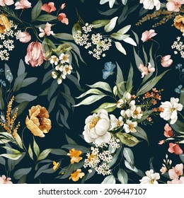 Seamless watercolor floral pattern    pink blush flowers elements  green leaves branches dark black background; for wrappers  wallpapers  postcards  greeting cards  wedding invites  romantic events 