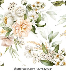 Seamless Watercolor Floral Pattern - Pink Blush Flowers Elements, Green Leaves Branches On White Background; For Wrappers, Wallpapers, Postcards, Greeting Cards, Wedding Invites, Romantic Events.