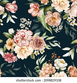 Seamless watercolor floral pattern - pink blush flowers elements, green leaves branches on dark black background; for wrappers, wallpapers, postcards, greeting cards, wedding invites, romantic events.