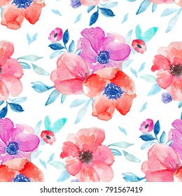 Seamless Watercolor Floral Pattern With Red And Teal Blue Colors And Anemone Flowers