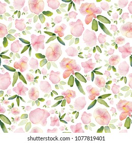 Seamless Watercolor Floral Pattern In Shades Of Pink, Soft Red, Pale Yellow And Green. All Over Hand-painted Texture For Fashion Textile Printing, Gift Wrap And Wallpaper Backgrounds. 