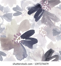 Seamless Watercolor Floral Pattern In Shades Of Dusty Cream And Dark Blue Gray.