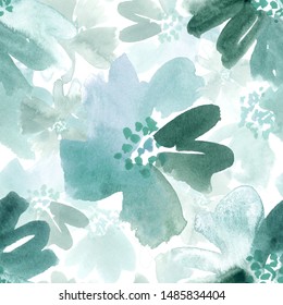 Seamless Watercolor Floral Pattern In Teal, Green, Turquoise And White.